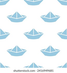 Seamless pattern with blue origami boat