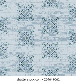 Seamless pattern with blue ornament