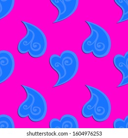 Seamless pattern with blue ornate hearts on pink background. Design for Valentine's day, wedding, birthday, Mothers Day. Love vector stock illustration for posters, card, postcard, fabric.  