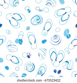 Seamless pattern of blue outline flip flop, sea pebbles  and decorative shells. Top view.