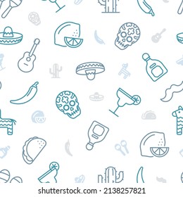 Seamless pattern of blue outline Mexican icons on transparent background.