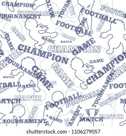 Seamless pattern with blue outline silhouettes of football players and football inscriptions on a white background. Vector square background.