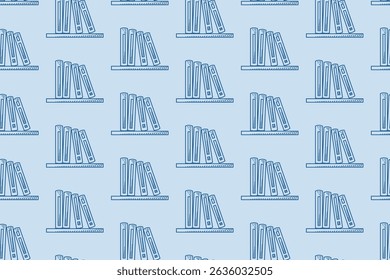 Seamless pattern of blue outlined books on shelves. Great for stationery, bookstores, educational materials, library themed designs, and academic websites.