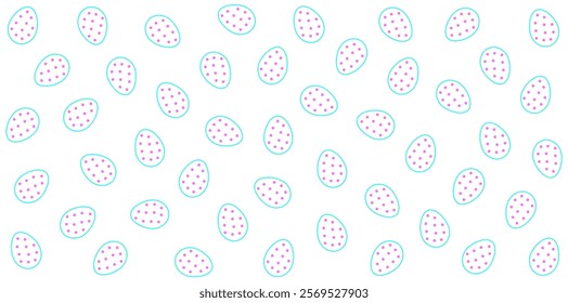 Seamless pattern with blue outlined pink polka dot Easter eggs on white background. Easter themed design for holiday decor and print.