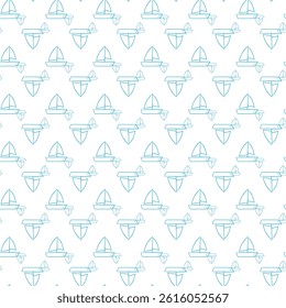 Seamless Pattern of Blue Outlined Sailboats on White Background