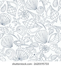 Seamless pattern with blue outlined seashells and starfish on a light background. Delicate marine design ideal for summer invitations, packaging, textiles, and ocean-themed projects.

