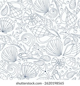 Seamless pattern with blue outlined seashells and starfish on a light background. Delicate marine design ideal for summer invitations, packaging, textiles, and ocean-themed projects.

