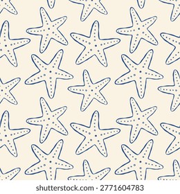 Seamless pattern of blue outlined starfish on cream background. Starfish arranged in repeating grid. Ideal for beach, ocean, or coastal themed designs