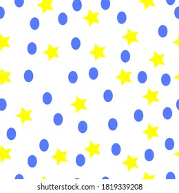 Seamless pattern with blue ovals and yellow stars, vector. Use for baby clothes, fabric, wrapping paper, web design, advertising.
