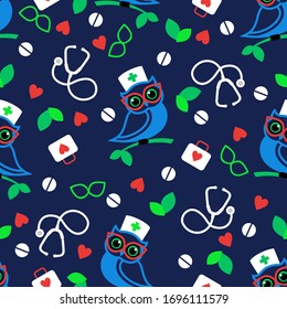 Seamless pattern with blue owl doctor, with a stethoscopes, medical cases and pills. Vector illustration. For medical.
