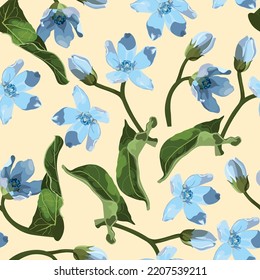 Seamless pattern with blue oxypetalum flowers, a yellow background. Hand drawn sketch. Template for floral textile design, paper, wallpaper, web.