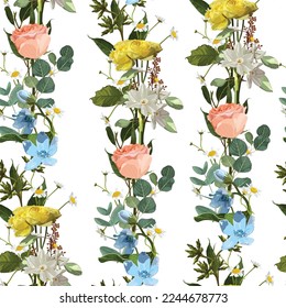 Seamless pattern with blue oxypetalum, roses flowers, eucalyptus, daffodils on a beige background. Hand drawn sketch. Template for floral textile design, paper, wallpaper, web.