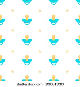 Seamless pattern with blue pacifier and yellow stars on the white background. Vector illustration