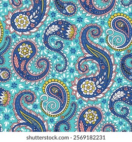 Seamless pattern with blue Paisley motifs. Traditional indian repeat design.