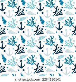 seamless pattern blue palette with seashell, anchor and underwater bubbles 