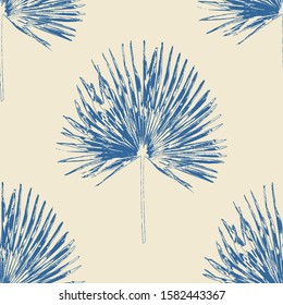 Seamless pattern, blue palm leaves on a beige background. Vector illustration.
