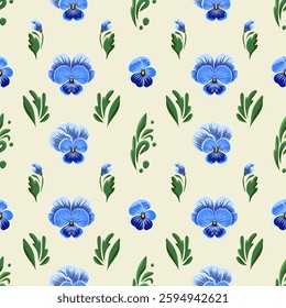 Seamless pattern with blue pansies. Hand drawn flowers with green leaves on a light background.
