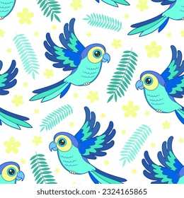 Seamless pattern with blue parrots and leaves. For baby fabric design, wallpapers, backgrounds, wrapping paper and so on. Vector