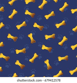 Seamless pattern with blue paws on dark blue background with gold cartoon bones. Good for surface design, wrapping paper, textile, fabric, covers. VEctor illustration. 