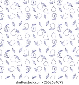 Patrón sin fisuras con peras azules. Diseño de frutas dibujadas a mano para tela, Plantillas, Fondo de pantalla, menú, tarjetas.