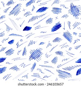 Seamless Pattern Of Blue Pen Strokes And Scribbles. Various Shapes On White Background. Vector Illustration.