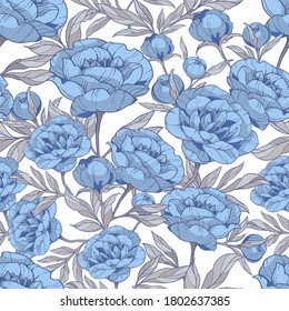 seamless pattern with blue peonies flowers with gray leaves, vector illustration