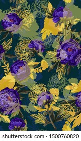 Seamless pattern with blue peonies. Vector.