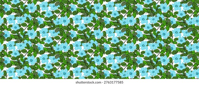 Seamless pattern with blue Periwinkle flowers with leaves.