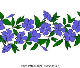 Seamless pattern of blue periwinkle. Garland with vinca flowers. floral elegant ornament. Endless border