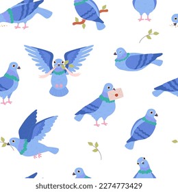 Seamless pattern with blue pigeons flat style, vector illustration on white background. Peace symbol, decorative design for wrapping and packaging, urban bird