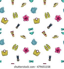 Seamless pattern with blue pineapple, sun tanning lotion, straw beach bag, lady straw hat, blue bikini swimsuit, pink tropic flower, palm branch, summer flip-flop. Summer mood inspired illustration.