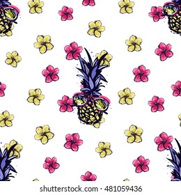 Seamless pattern with blue pineapple in sunglasses on tropical flower background. Vacation symbols in decorative hand drawn sketch style. Summer mood inspired illustration.