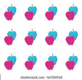Seamless Pattern with Blue and Pink Apples Isolated on White Background. Watercolor Hand Drawn Illustration.