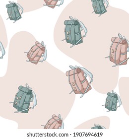 Seamless pattern with blue and pink backpacks and pink color shapes - Powered by Shutterstock - Get 15% off with code: PIKWIZARD15