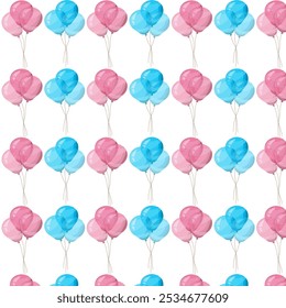 Seamless pattern blue and pink balloons for Gender Party, event decoration, greetings, anvitations, baby shower, holiday, birthday. Helium ballon gift. Cartoon stile. Vector illustration.