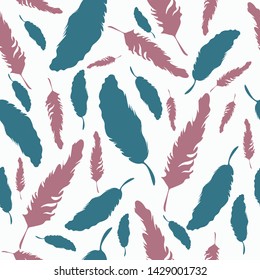 Seamless pattern with blue and pink bird feathers on a white background. Vector illustration