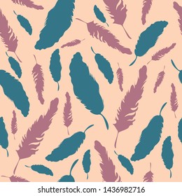 Seamless pattern with blue and pink bird feathers on a beige background. Vector illustration