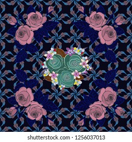 Seamless pattern with blue, pink and black rose flowers, vector floral illustration in vintage style.