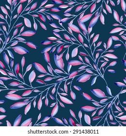 Seamless pattern with blue pink branches. Watercolor hand drawing. Vector illustration