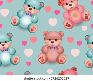 Patrón sin fisuras. Osos de peluche de peluche azul, rosa y marrón sobre un fondo azul claro con corazones. Diseño para el día de San Valentín, cumpleaños, boda, día de la madre, baby shower. Conveniente para el Fondo de pantalla, las cubiertas, la decoración del vivero o la ropa, papel de embalaje.