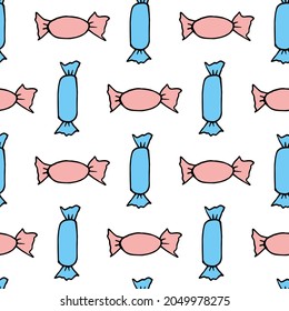 Seamless pattern with blue and pink candies on white background. Vector image.