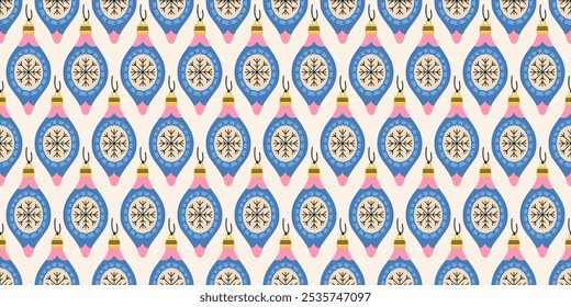 Patrón sin fisuras con adornos de Navidades azules y rosas con copo de nieve. Alegrías del año Nuevo. Diseños tradicionales. Fondo de la temporada de invierno. Noel. Impresión retro para tela, papel de regalo, tela o tarjetas.