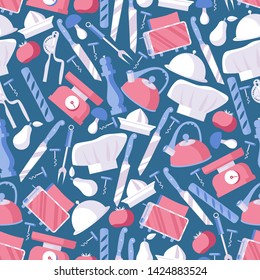 Seamless pattern in blue and pink colors dedicated to food, cooking art and chef profession. Flat objects, design good for kitchen supplies wrapping paper and decoration