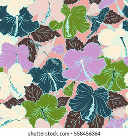 Seamless pattern in blue and pink colors. Vector hand drawn painting of blue and pink hibiscus flowers.