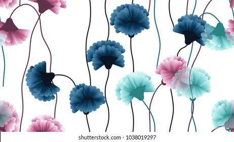 Seamless pattern, blue, pink and cyan carnation flowers with curved branch on white background