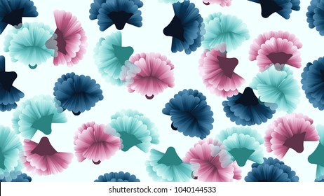 Seamless pattern, blue, pink and cyan carnation flowers on light blue background