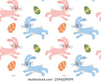 Seamless pattern with blue and pink Easter bunnies and Easter eggs. Vector illustration of running, jumping bunnies perfect for Easter background, wallpaper, textile, wrapping
