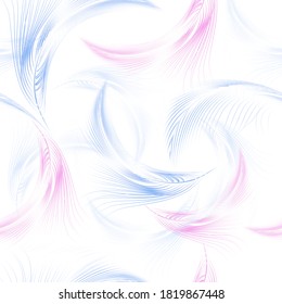 Seamless pattern with  blue  and pink feathers of bird. Repeating texture. Boho style.

