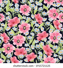 Seamless pattern blue and pink flower with green leaf on dark blue background. 