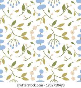 Patrón sin foco con flores y hojas azules y rosas. Para impresiones, fondos, papel de embalaje, textiles, papel pintado, etc.